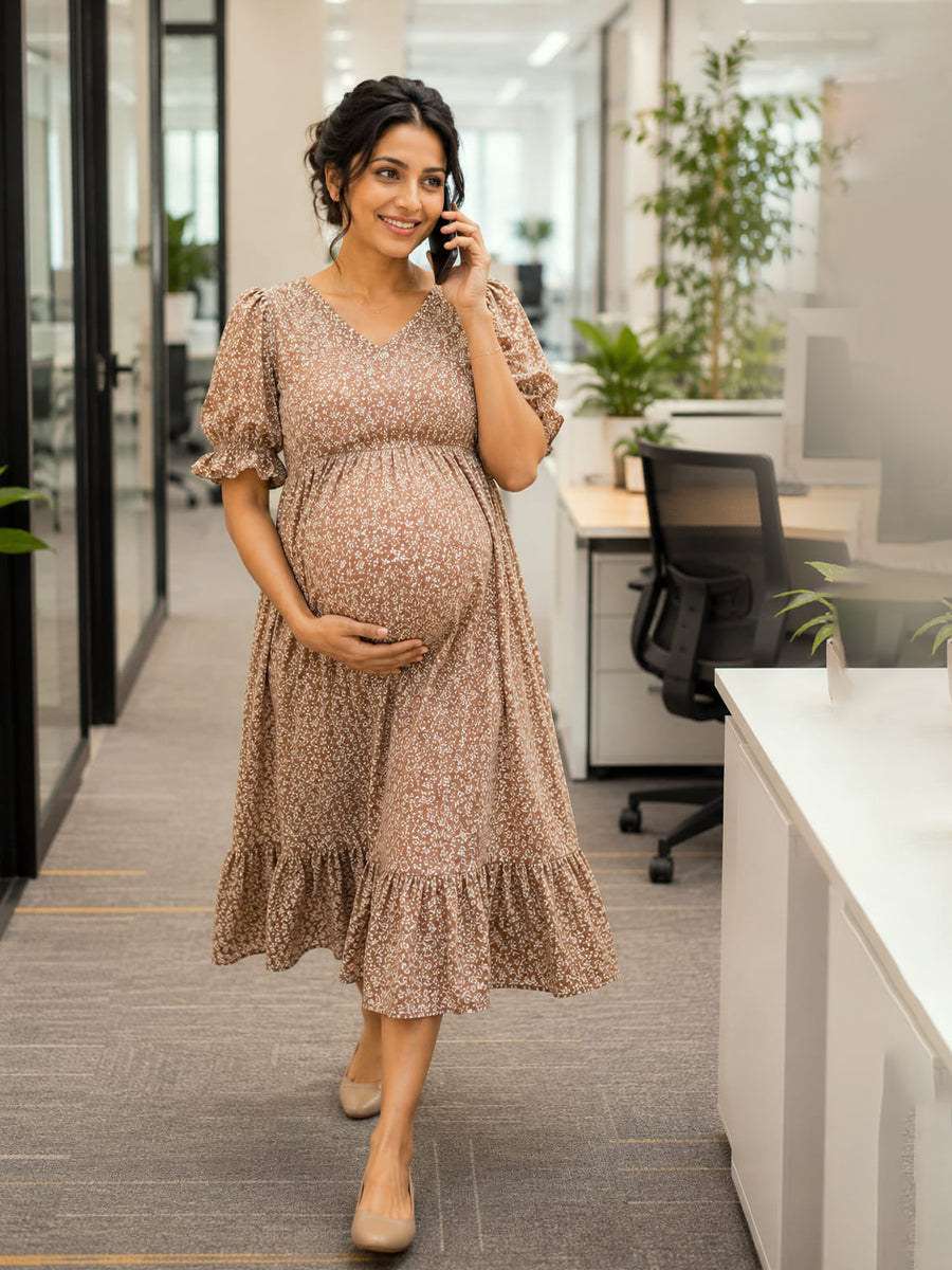 Ziva Maternity & Feeding Muslin Cotton  Dress with Invisible Feeding Zip & Pocket – Brown Ditsy Floral