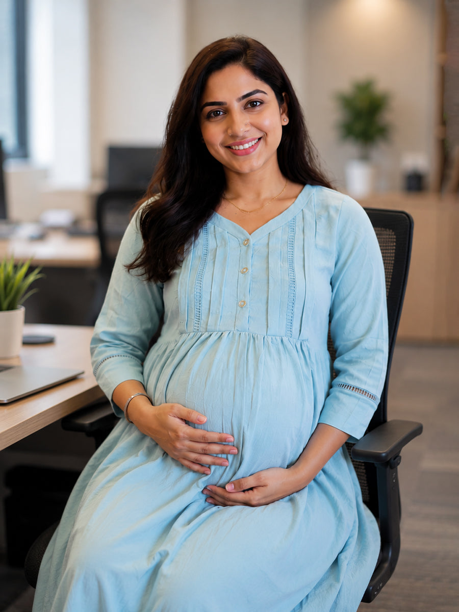 Ziva Maternity & Feeding Crinkle Textured Dress with Invisible Feeding Zip & Pocket – Light Teal Blue