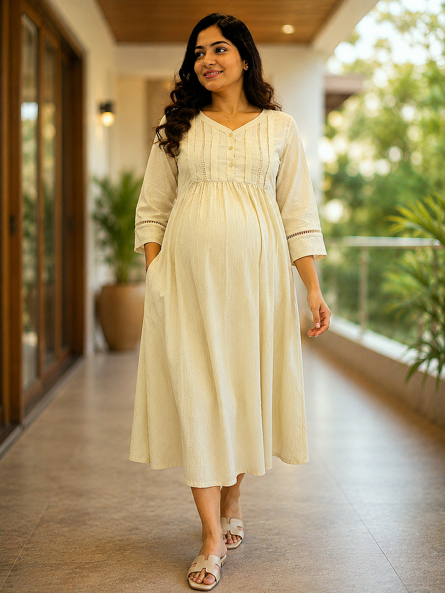 Ziva Maternity & Feeding Crinkle Textured Dress with Invisible Feeding Zip & Pocket – Cream