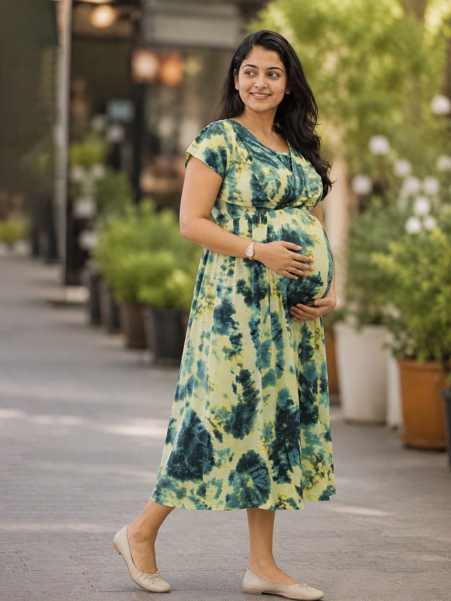 Ziva Maternity & Feeding Knitted Cotton Midi Dress with Zipless Feeding Access & Pocket – Black Olive Green Tie-Dye