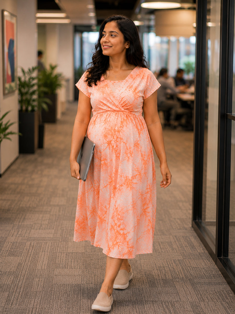 Ziva Maternity & Feeding Knitted Cotton Midi Dress with Zipless Feeding Access & Pocket – Orange Tie-Dye