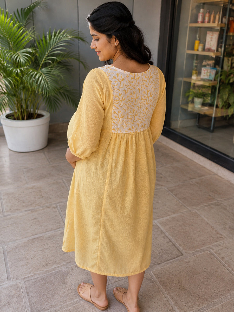Ziva Maternity & Feeding Crushed Textured Shimmer Fabric Dress with Invisible Feeding Zip & Side Pocket – Yellow