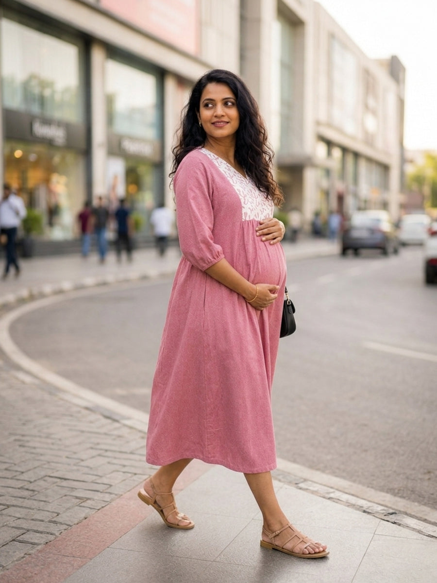 Ziva Maternity & Feeding Crushed Textured Shimmer Fabric Dress with Invisible Feeding Zip & Side Pocket – Pink