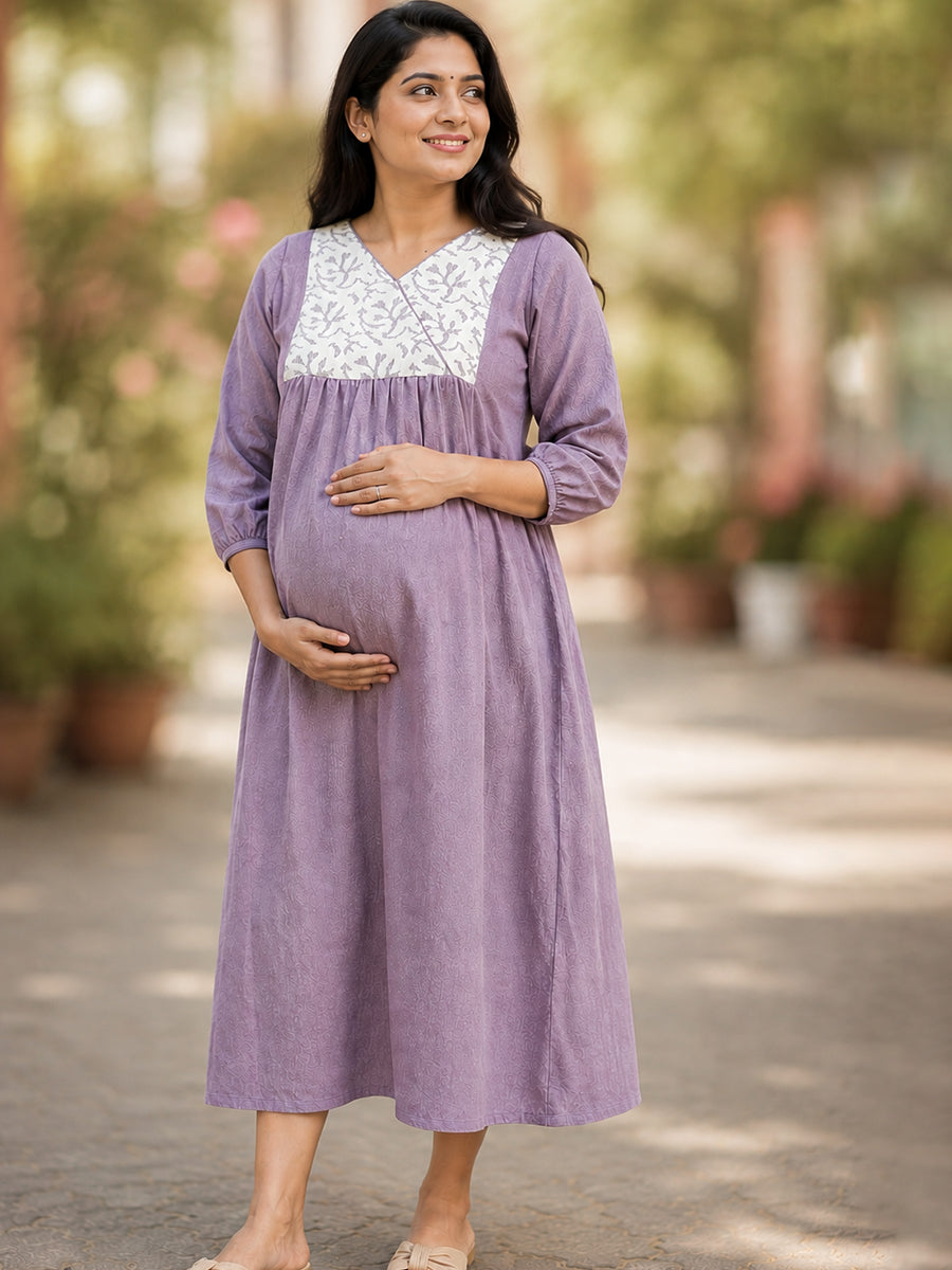 Ziva Maternity & Feeding Crushed Textured Shimmer Fabric Dress with Invisible Feeding Zip & Side Pocket – Dusty Mauve