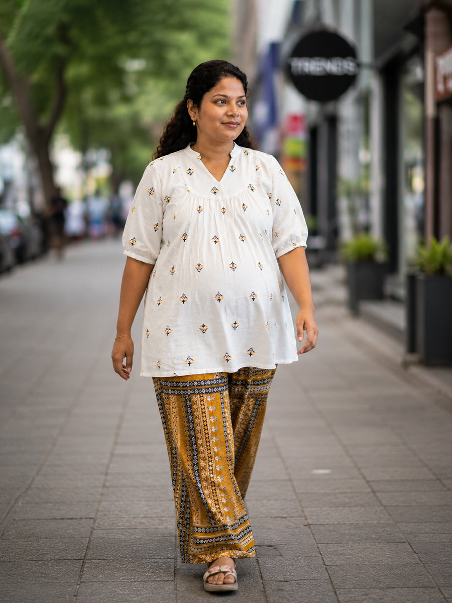 Ziva Maternity & Feeding Ethnic Co-ord Set with Feeding Zip & Wide-Leg Adjustable Palazzo – Cream & Mustard Yellow