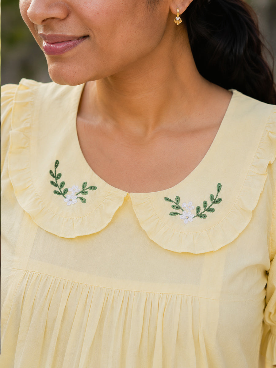 Ziva Maternity & Feeding Cotton Short Frock Nighty with Elegant Embroidered Peter Pan Collar, Invisible Feeding Zips & Pocket – Light Yellow