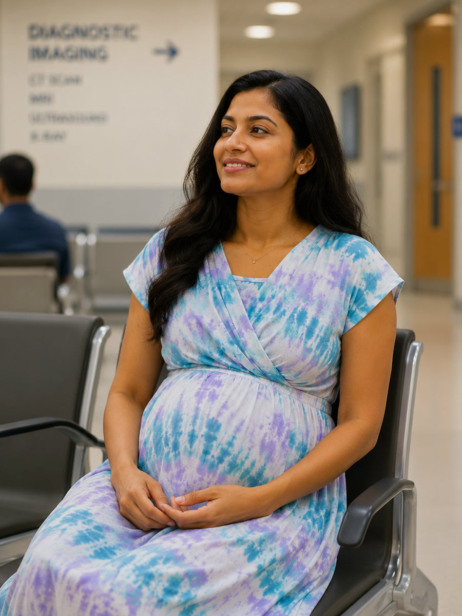 Ziva Maternity & Feeding Knitted Cotton Midi Dress with Zipless Feeding Access & Pocket – Aqua Mist & Lavender Wash Tie-Dye