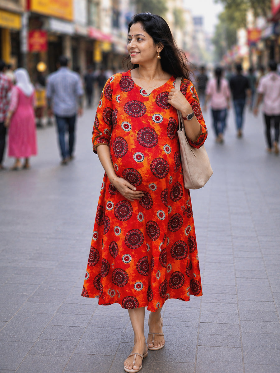 Ziva Maternity & Feeding Cotton Kurta with Double Side Feeding Zip – Burnt Orange Red Ethnic Mandala Print