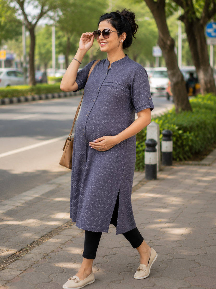 Ziva Maternity & Feeding Cotton Kurta Top with Mandarin Collar, Front Button Opening & Pocket