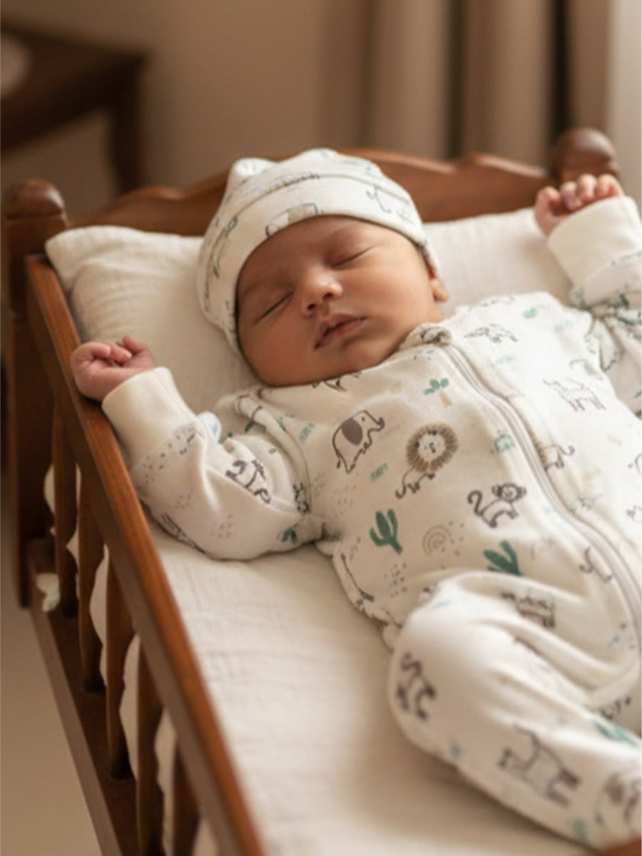 Ziva Knitted Cotton Fully Covered Baby Sleepsuit with Cap – Cute Animal Print & Front Zip