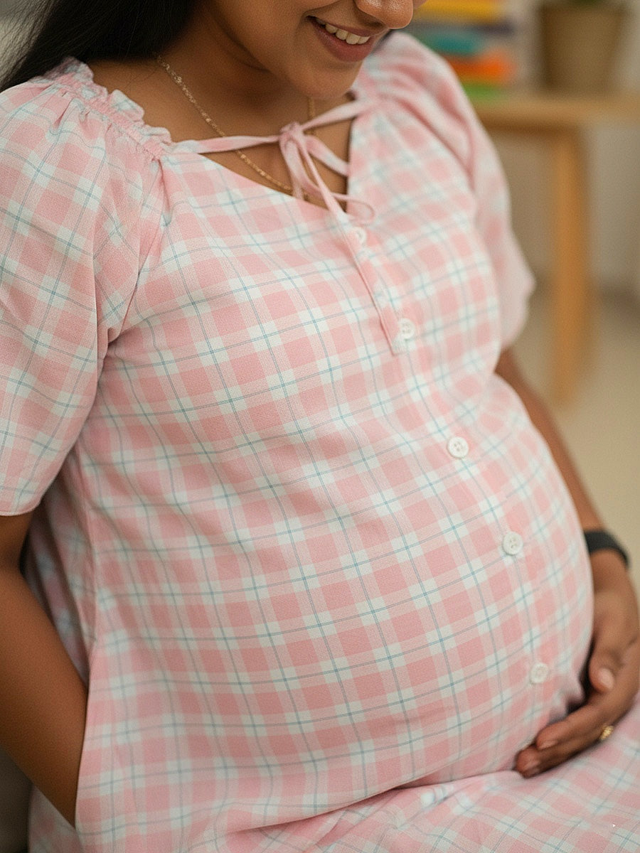 Pink Checks Maternity & Nursing Nighty – Cotton Raglan Sleeve by Ziva