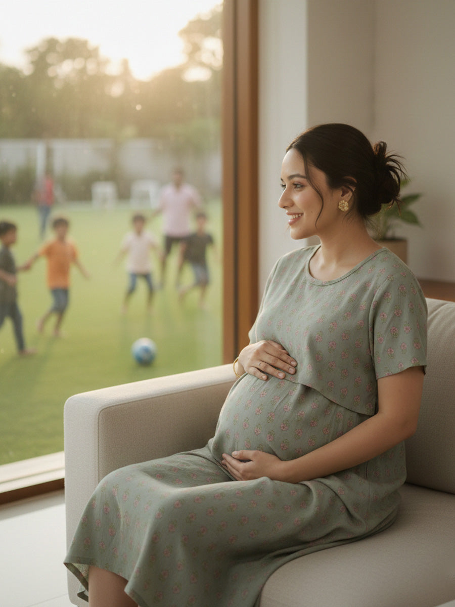 Zipless Maternity & Feeding Dress – Olive Green Floral Print | Ziva