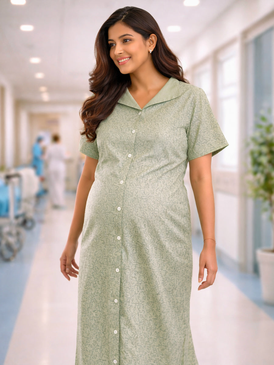 Cotton Full Open Maternity & Nursing Nighty – Light Lavender Abstract Print – Full Length