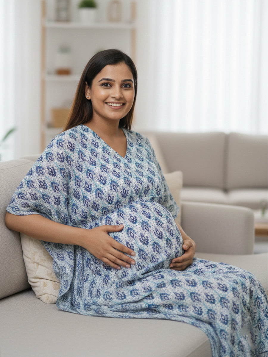 Maternity & Nursing Kaftan with Blue Block Print | ziva
