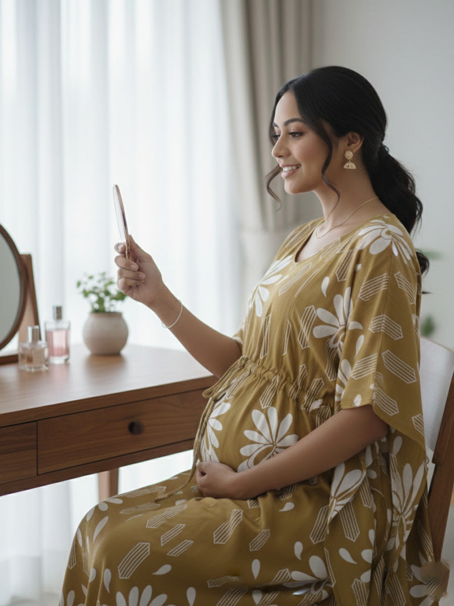Golden Brown Floral Premium Maternity & Nursing Kaftan | Ziva