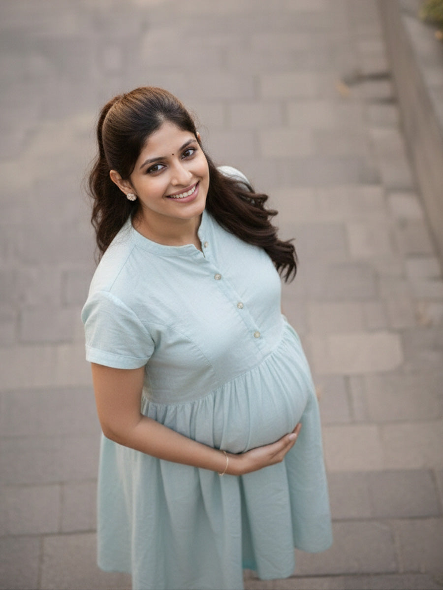 Ziva Pastel Teal Premium Crinkle Textured Maternity & Nursing Dress