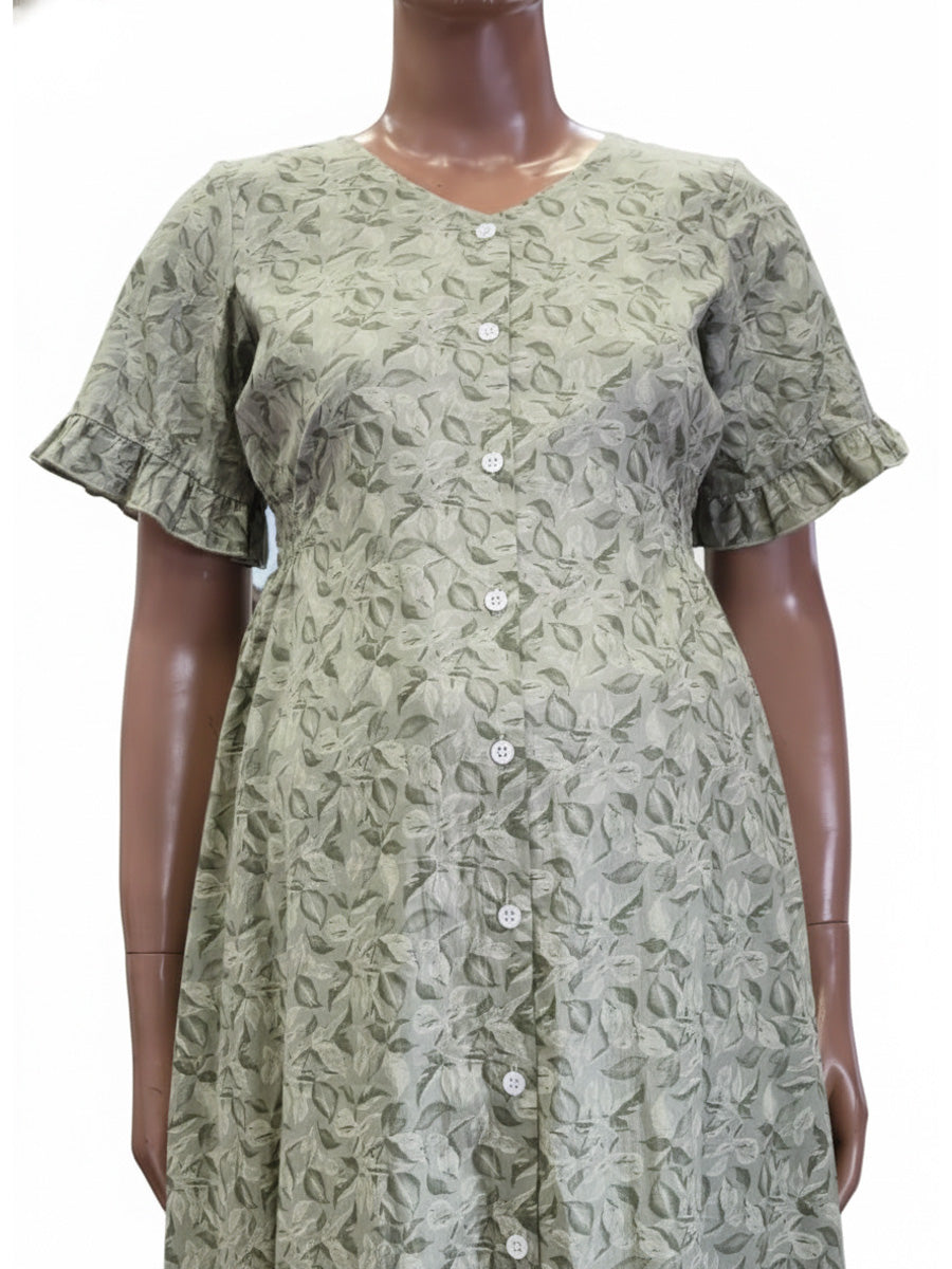 Full-Open Cotton Maternity & Nursing Nighty (Full Length) – Olive Green Leaf Print | Ziva