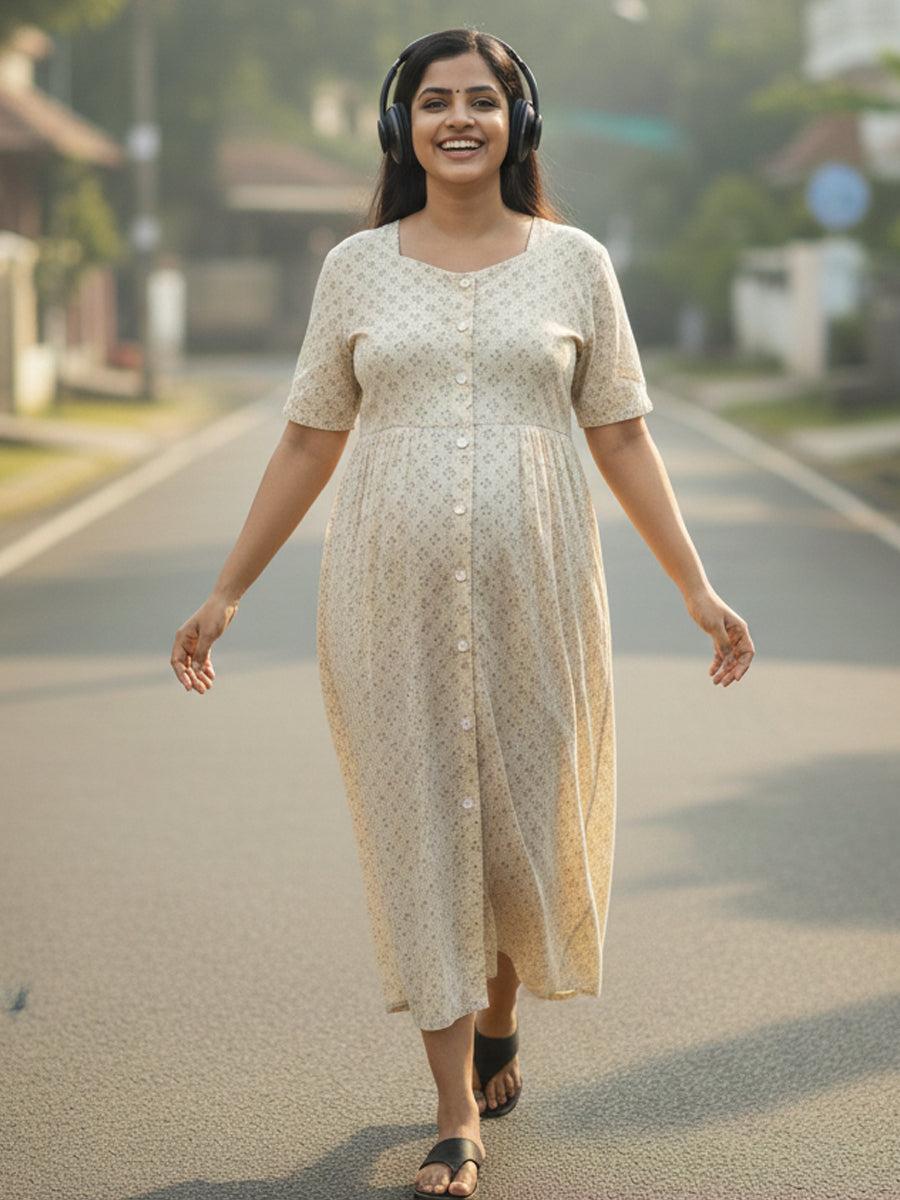 Ziva Cotton Full Open Short Maternity & Nursing Nighty – Cream Floral Print