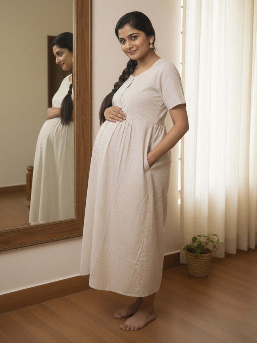 Cotton Full-Open Short Maternity Nighty – Light Cream Distressed Print |ziva