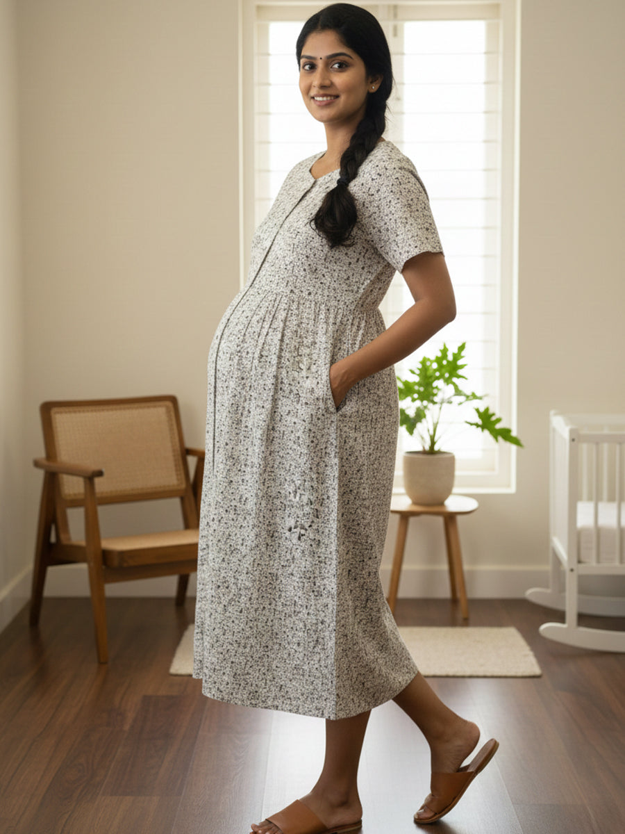 Cotton Full-Open Short Maternity Nighty – White Dobby Print | ziva