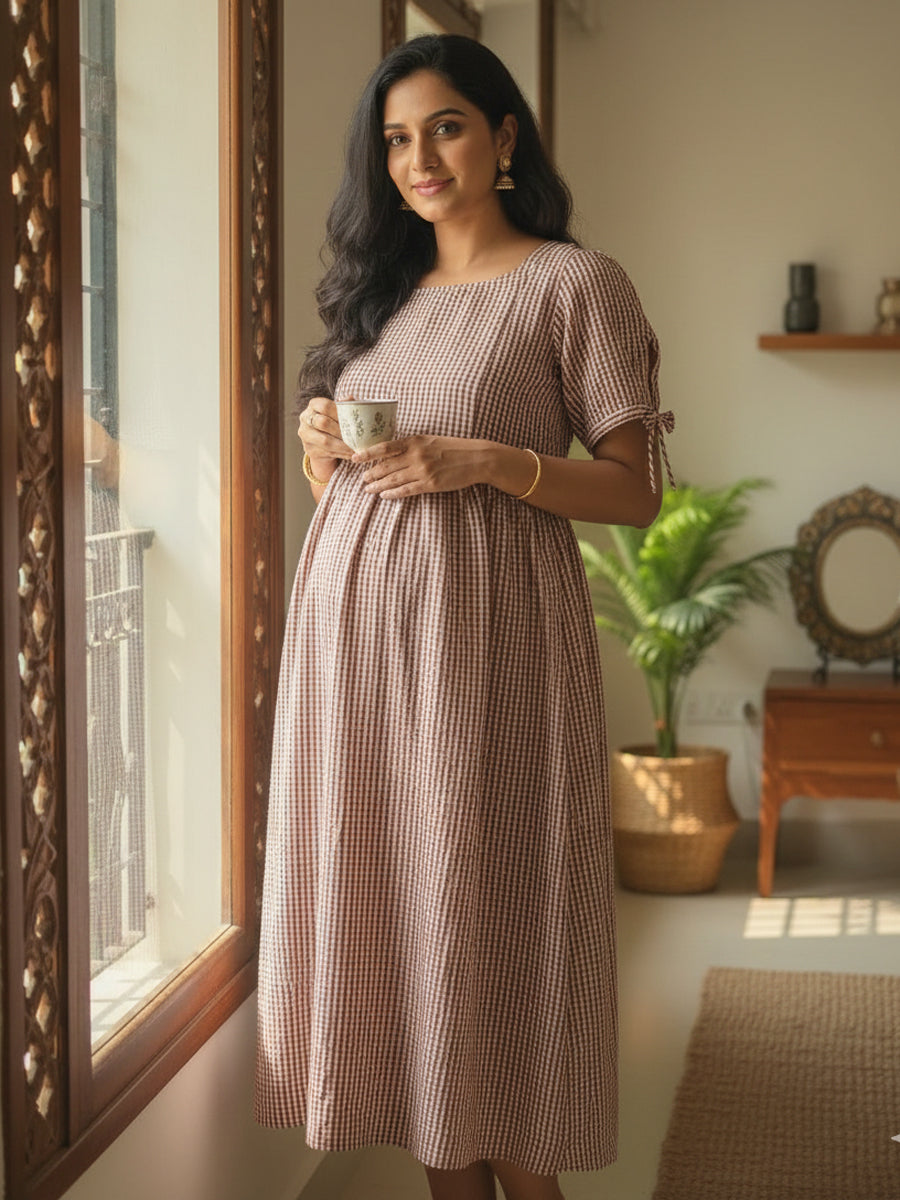 Trendy Maternity & Feeding Dress – Light Cocoa Brown & Cream Gingham (Seersucker Fabric)