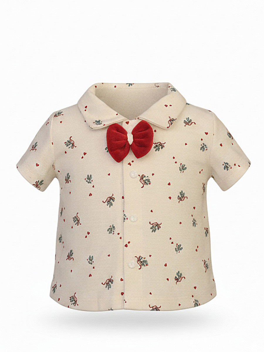 White Collared Shirt & Red Strap Shorts Baby Outfit – Festive & Stylish Set