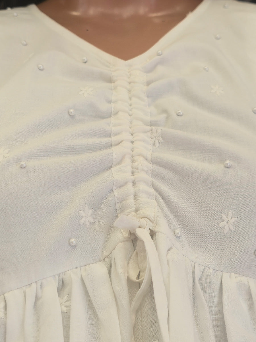 White Cotton Maternity & Feeding Dress with Bead & Thread Work – Christmas Edition