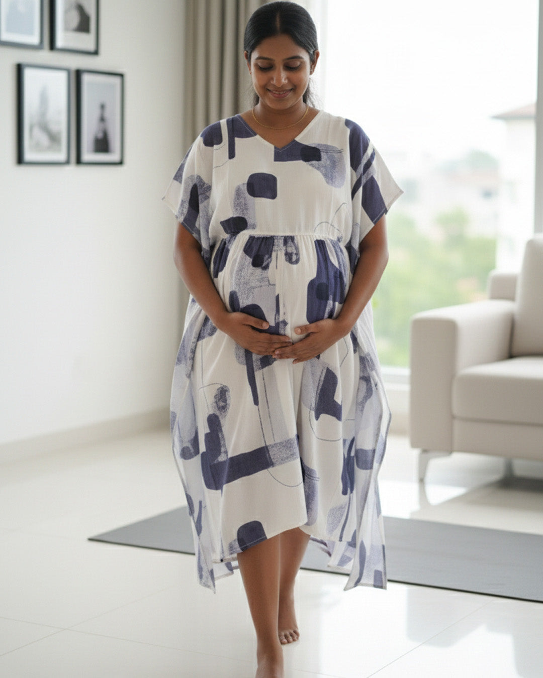 Maternity & Nursing Kaftan – White with Navy, Indigo & Lavender Abstract Print & Dual Zips | Ziva