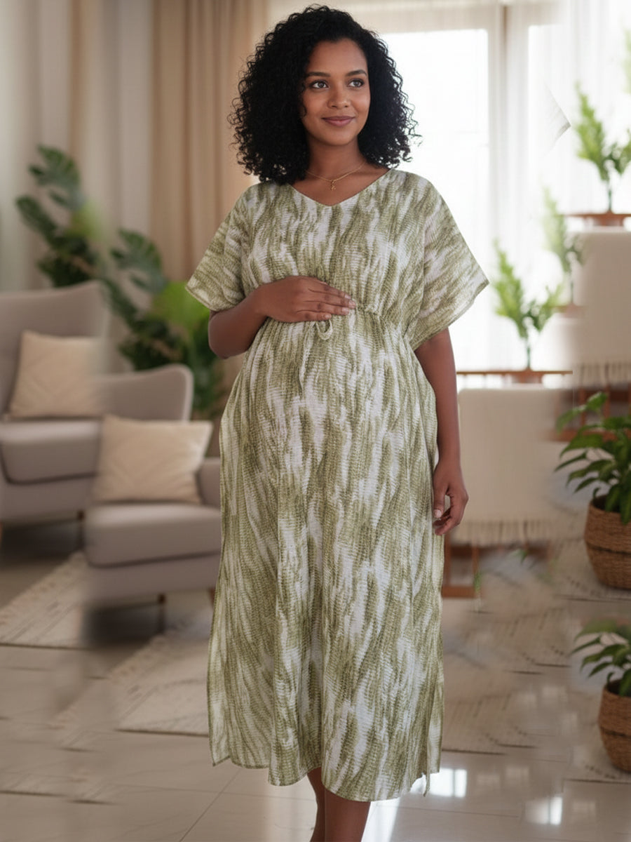 Off-White Pear Green Tie-Dye Maternity & Feeding Kaftan with Dual Nursing Zips