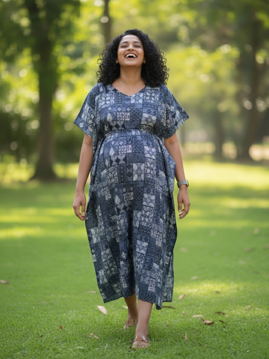 Greyish Blue Patchwork Maternity & Feeding Kaftan with Dual Nursing Zips |ziva