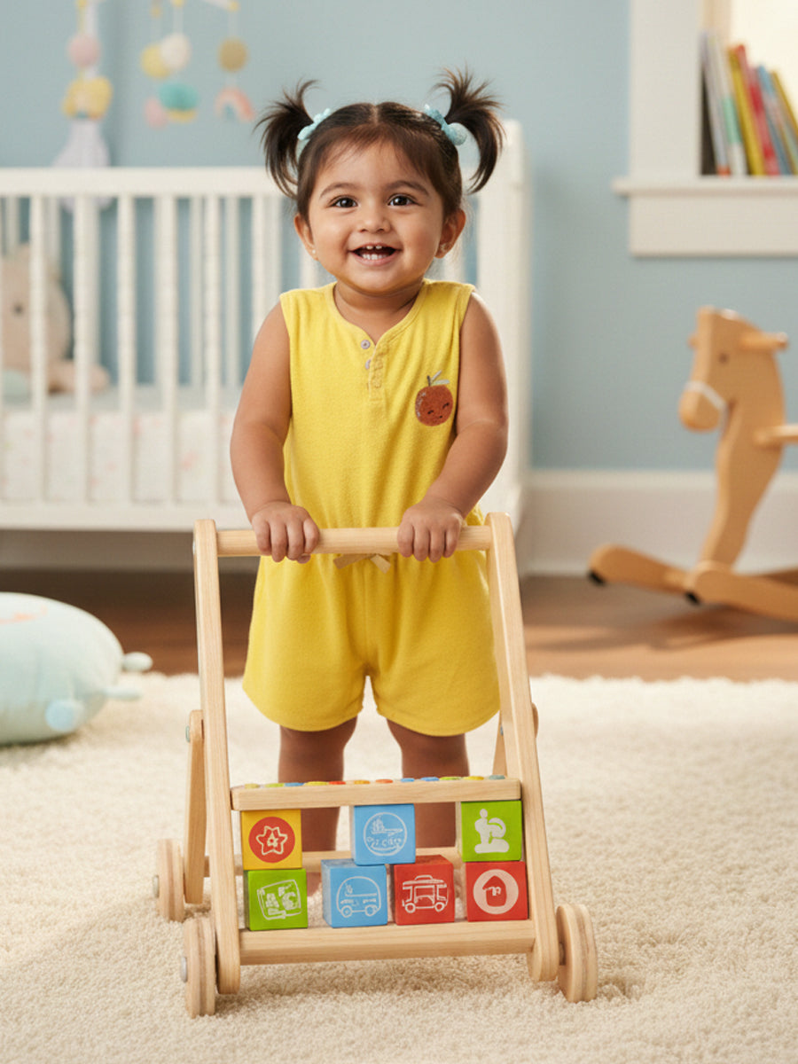 Yellow Color Jumpsuit in Terry Fabric with Orange Embroidery | 0–3M to 3Y