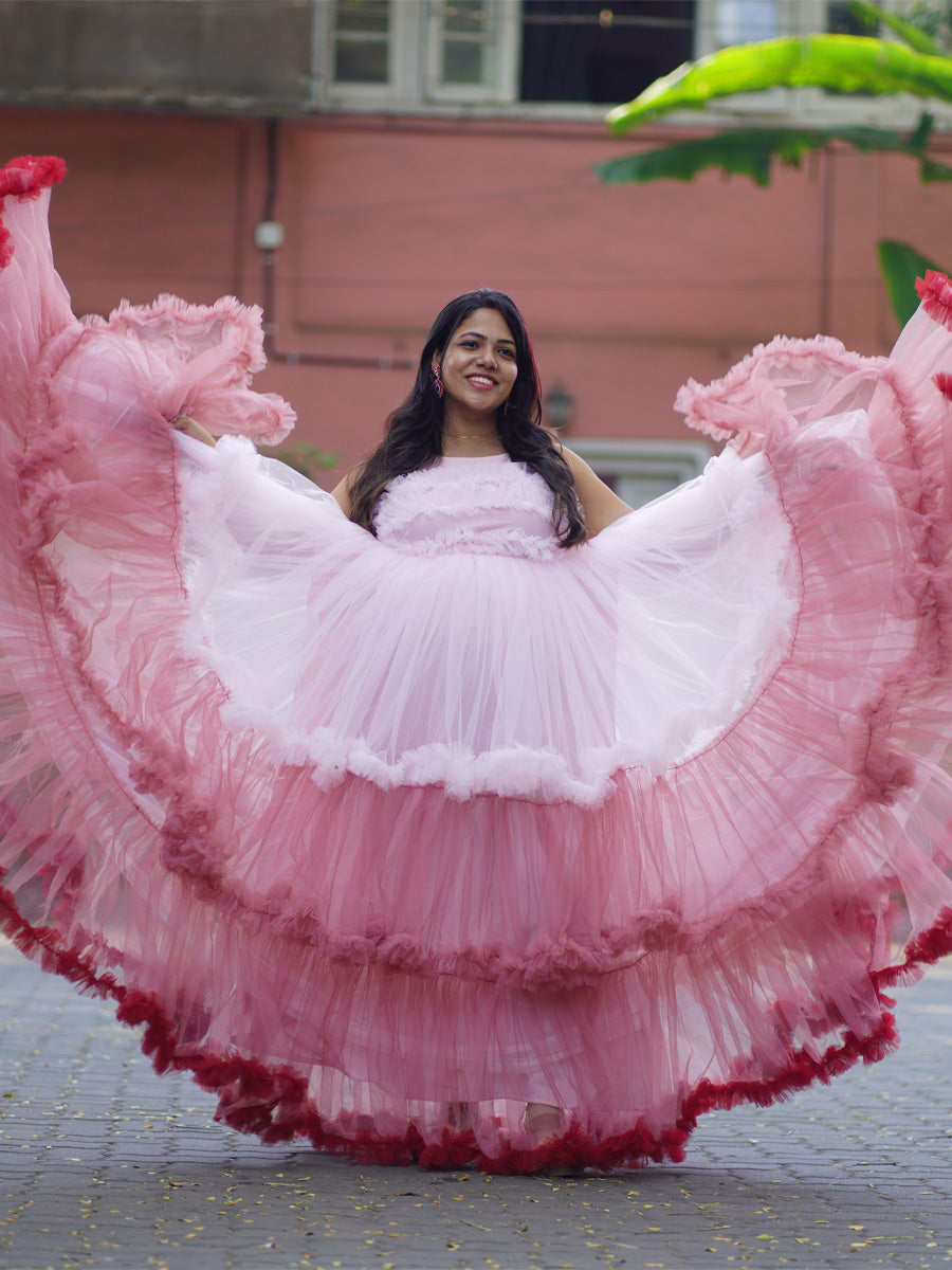 Stylish Baby Shower & Photoshoot Ombre Ruffle Pattern Maternity Gown in Pink–Peach–Red
