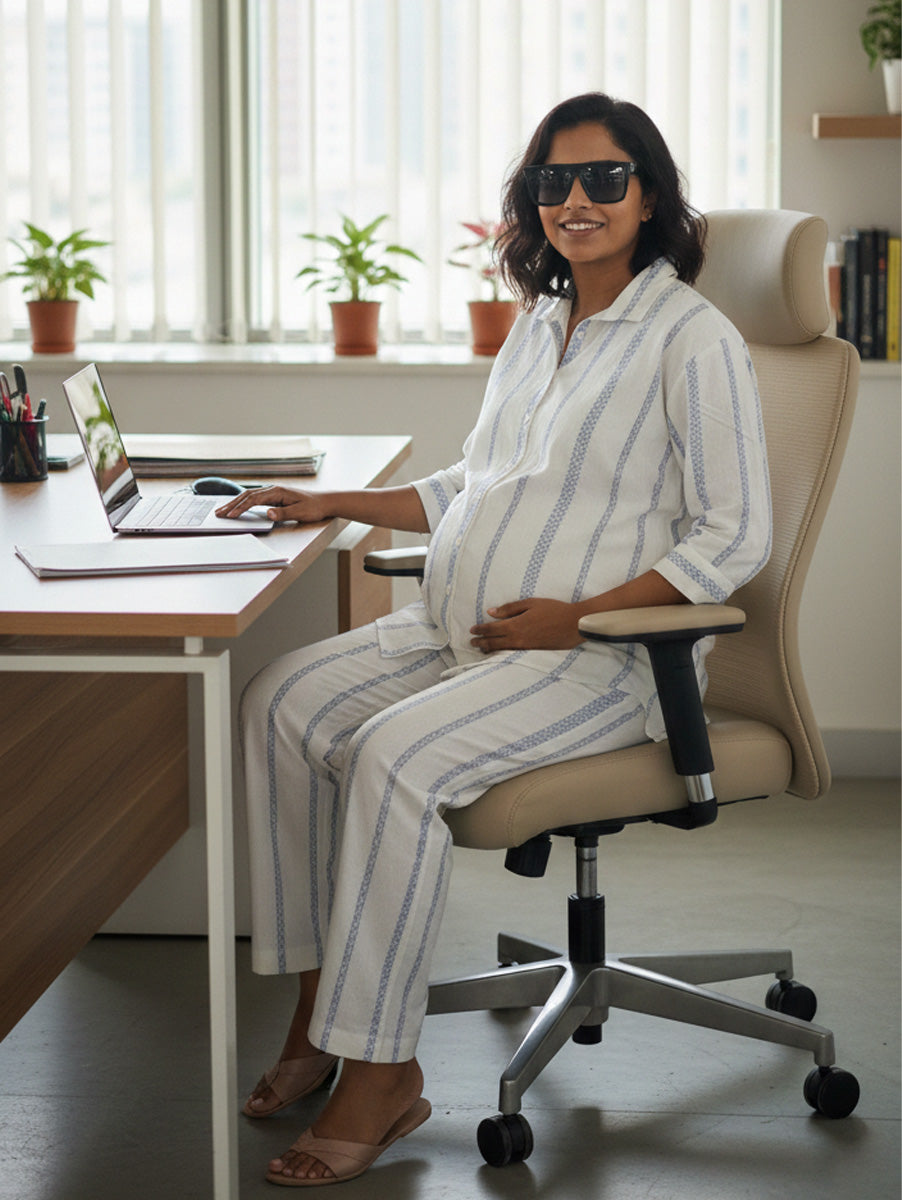 Ziva Light Cream & Blue Cotton Striped Maternity & Feeding Co-ord Set with Inner Baniyan (3-Piece Set)