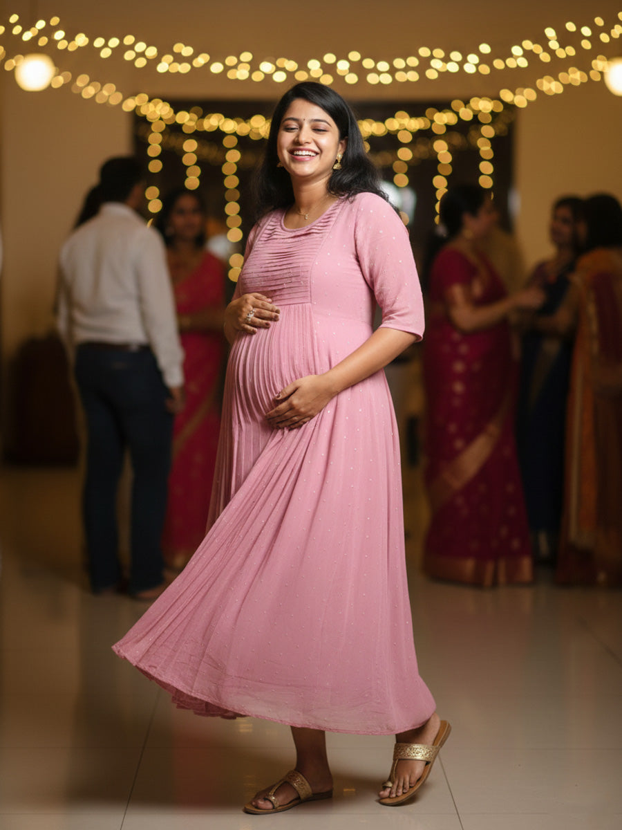 Dusty Pink Pleated Party Wear Maternity & Nursing Dress – Ziva