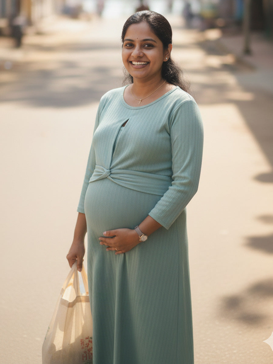 Green Twisty Knit Cotton Maternity & Nursing Dress (Zipless Feeding) – Ziva