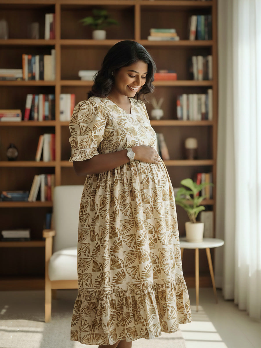 Off-White & Pastel Olive Floral Block Print Maternity & Nursing Dress