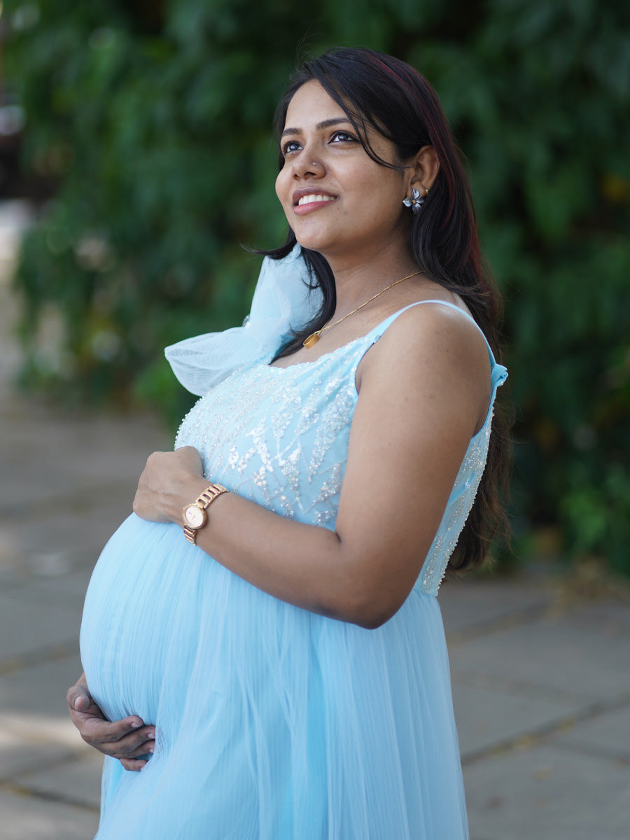 Sky Blossom Baby Shower & Photoshoot Maternity Gown – Sky Blue