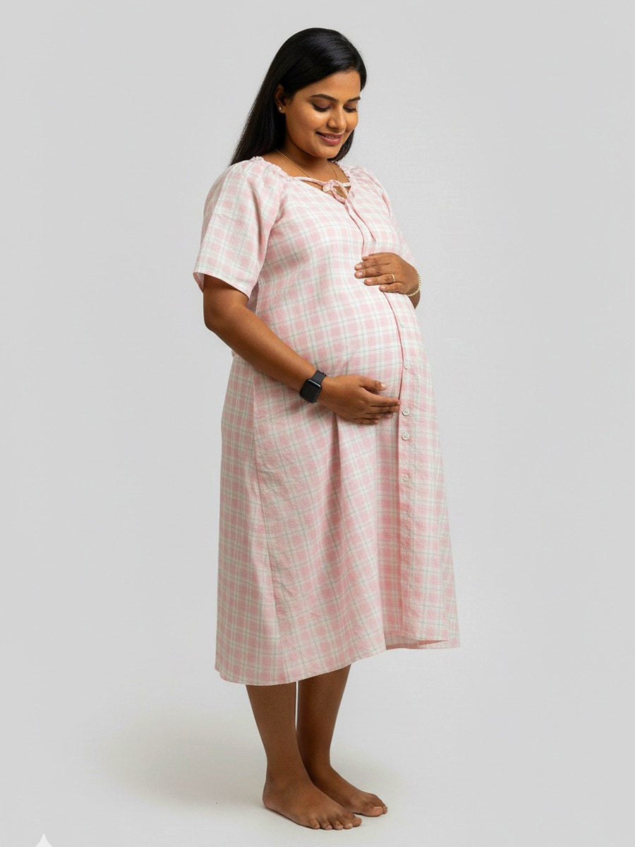 Pink Checks Maternity & Nursing Nighty – Cotton Raglan Sleeve by Ziva