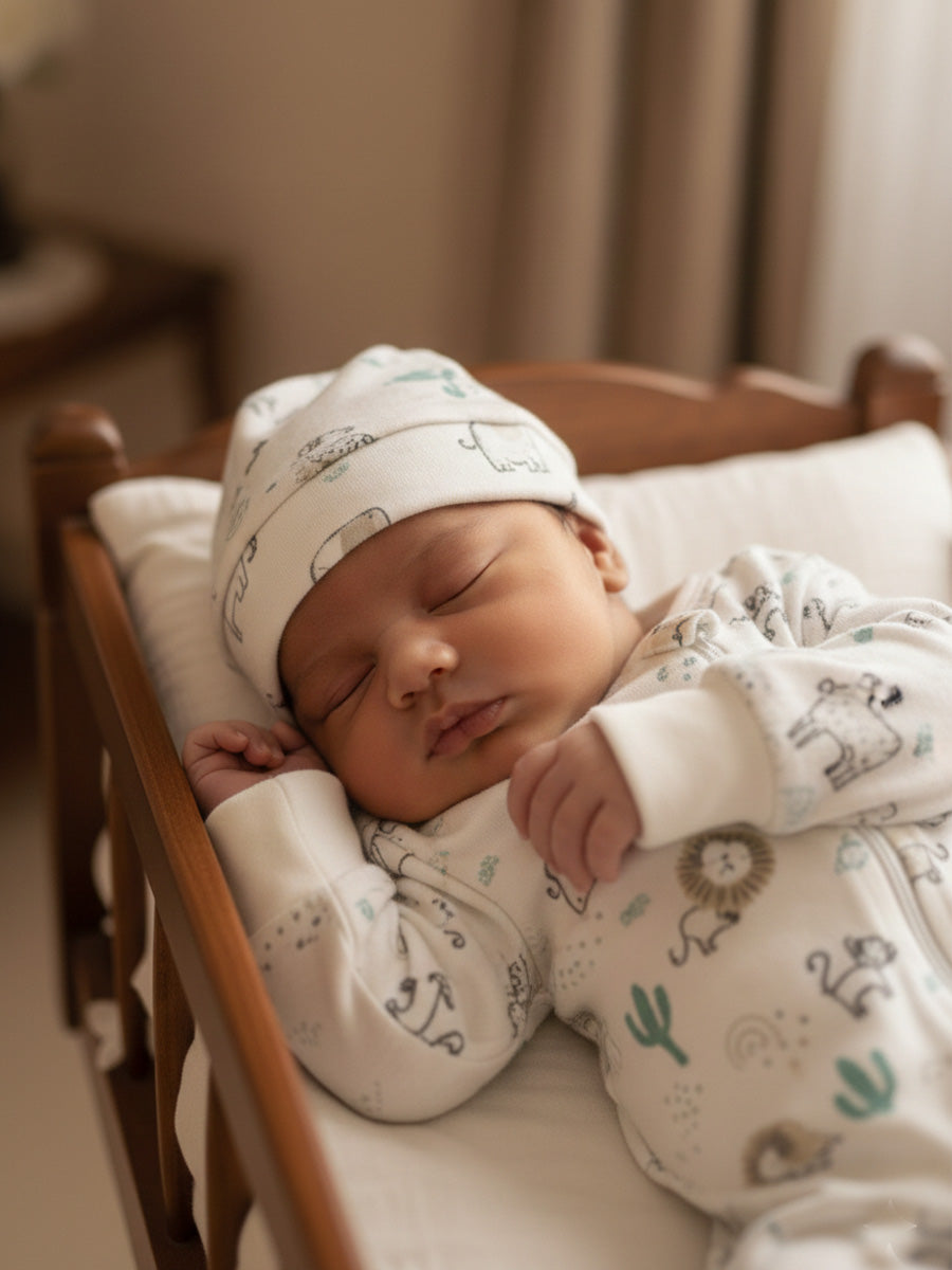 Ziva Knitted Cotton Fully Covered Baby Sleepsuit with Cap – Cute Animal Print & Front Zip