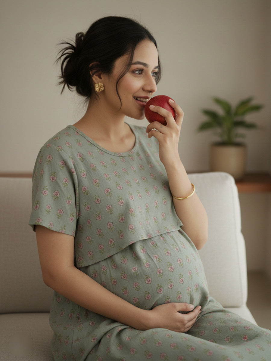 Zipless Maternity & Feeding Dress – Olive Green Floral Print | Ziva