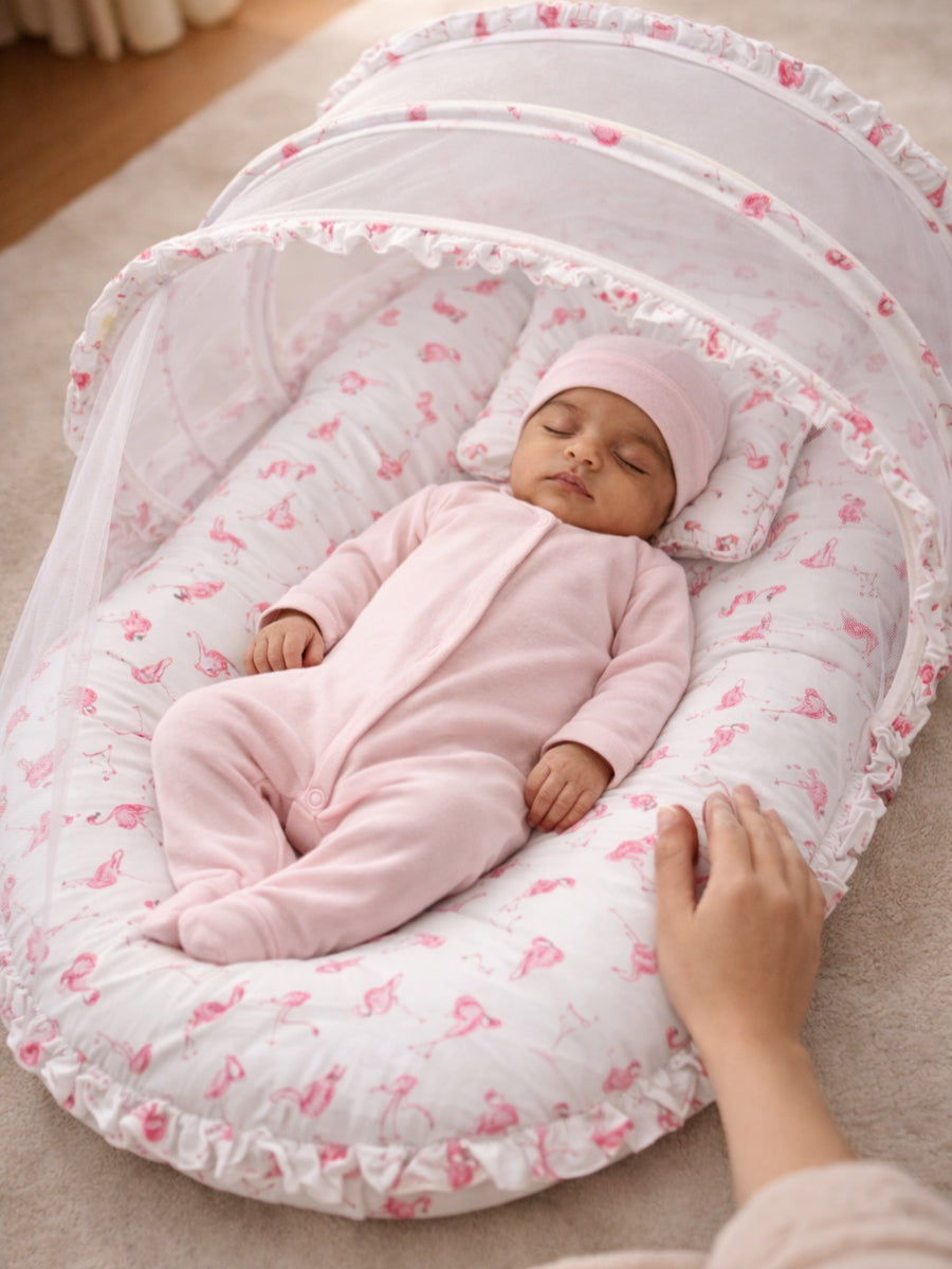 Ziva Cotton Baby Net Bed with Head Rest (Flamingo Pink Print on White Fabric)