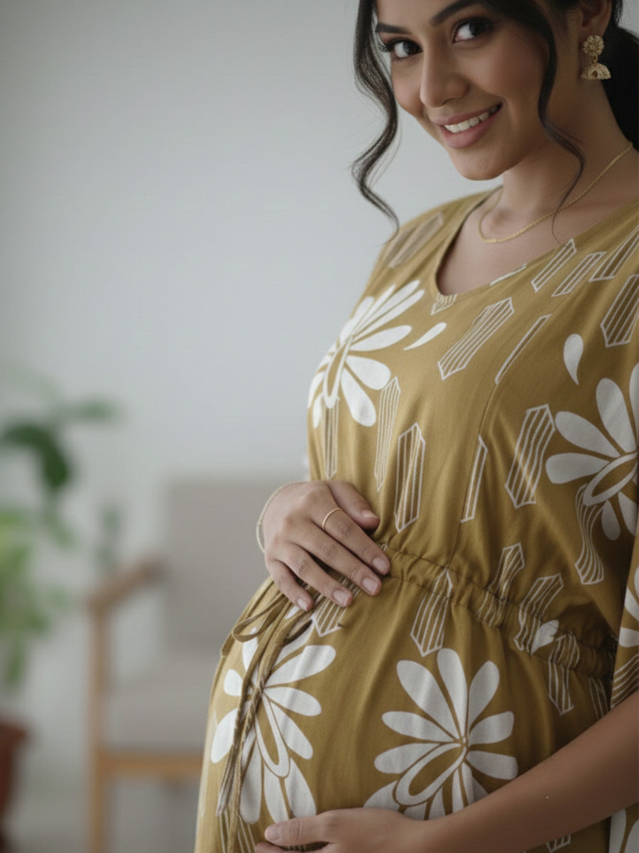 Golden Brown Floral Premium Maternity & Nursing Kaftan | Ziva