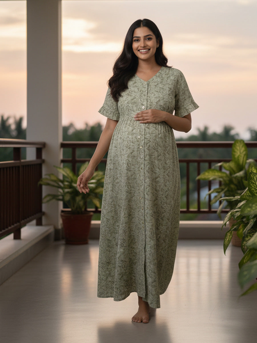Full-Open Cotton Maternity & Nursing Nighty (Full Length) – Olive Green Leaf Print | Ziva