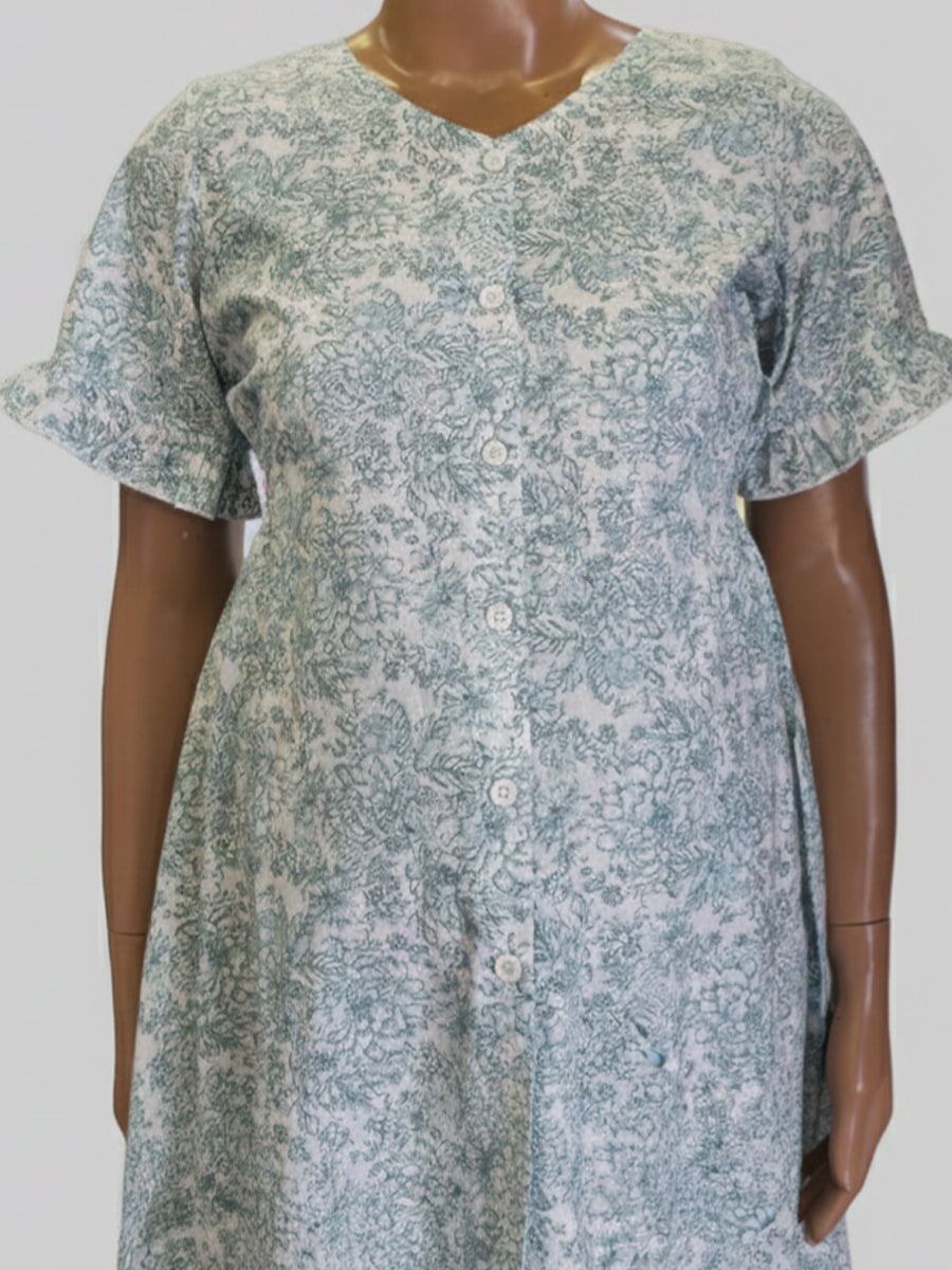 Ziva Cotton Full-Open Full-Length Maternity & Nursing Nighty – White & Aqua Blue Floral Print