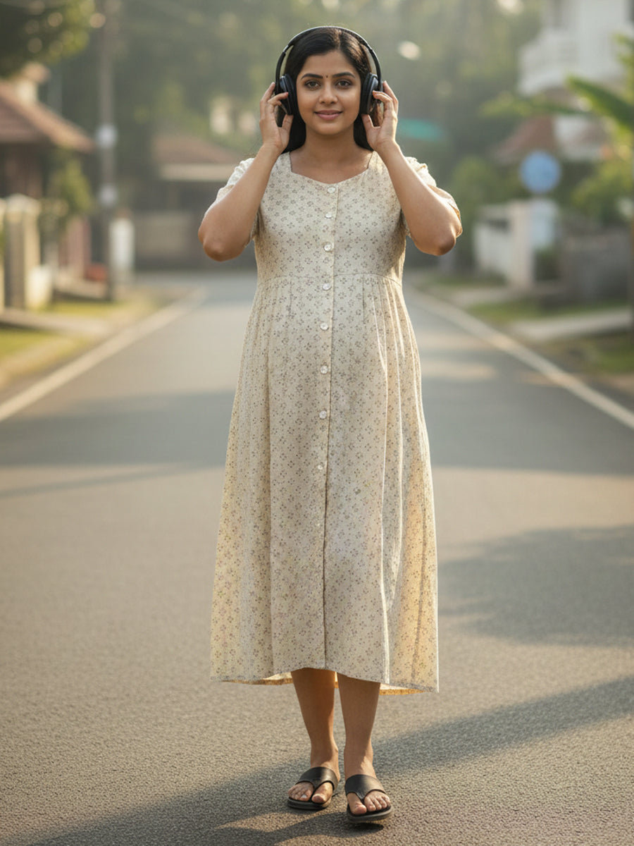 Ziva Cotton Full Open Short Maternity & Nursing Nighty – Cream Floral Print