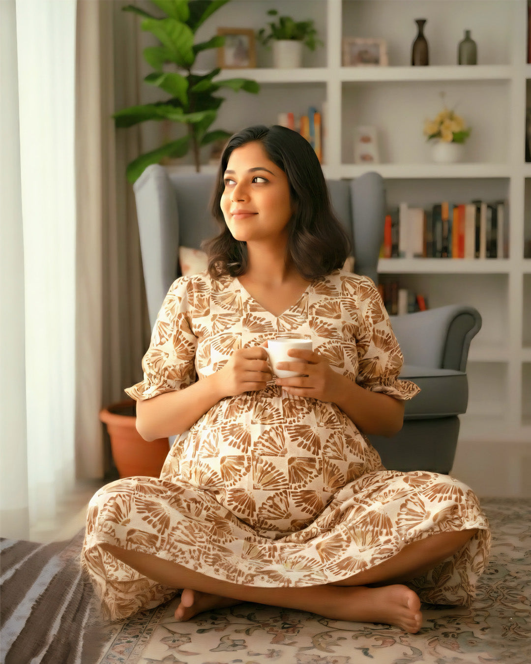 Off-White & Brown Floral Block Print Maternity & Nursing Dress – ziva