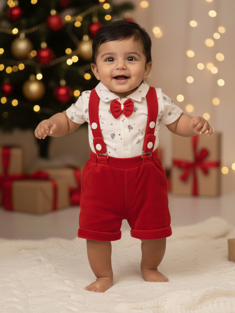 White Collared Shirt & Red Strap Shorts Baby Outfit – Festive & Stylish Set