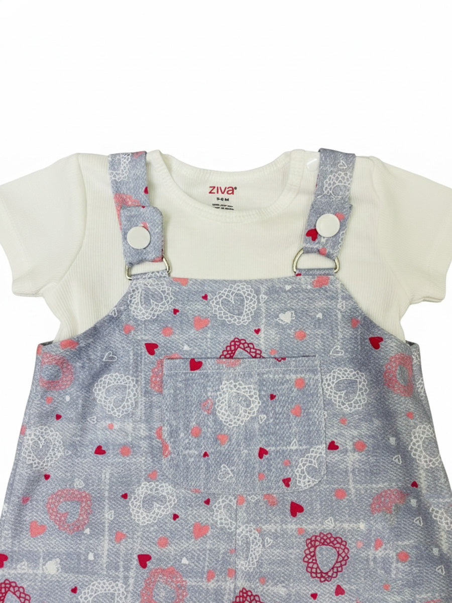 Grey-Blue Heart Print Overall Dress with White Inner Top – Soft Knitted Baby Girl Set