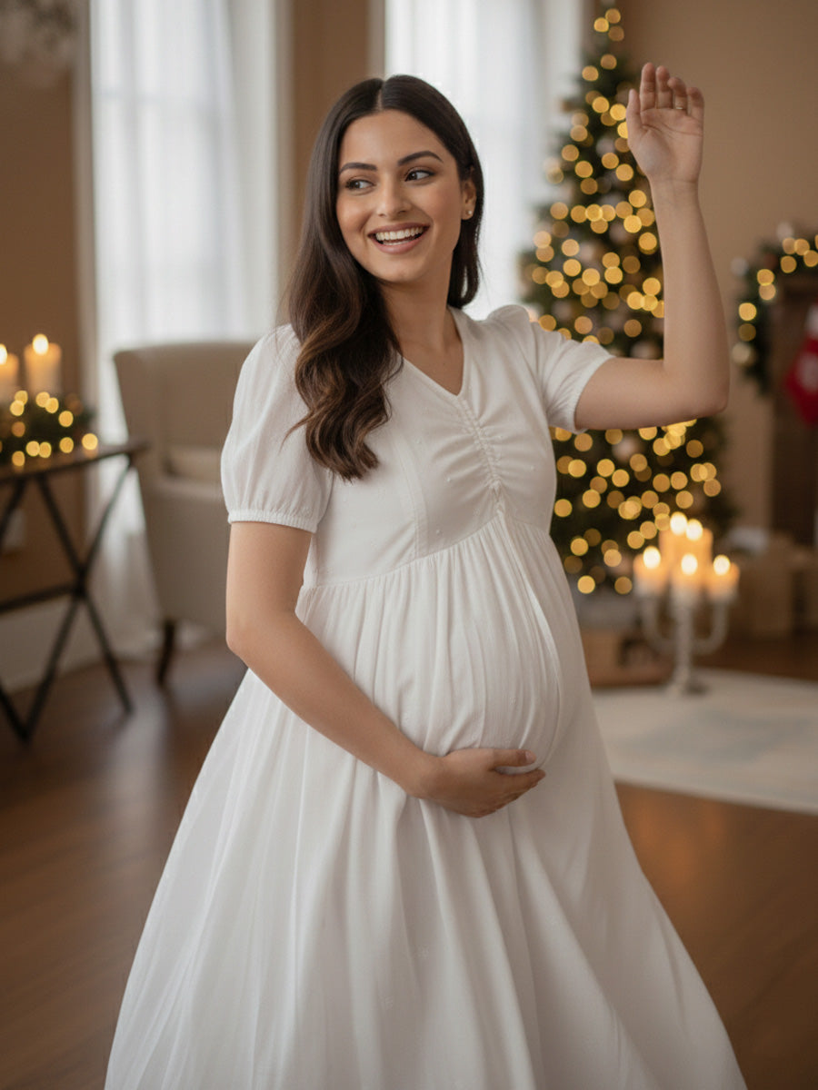 White Cotton Maternity & Feeding Dress with Bead & Thread Work – Christmas Edition
