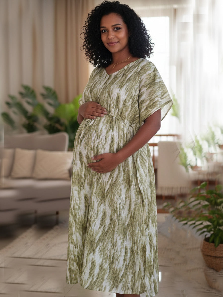 Off-White Pear Green Tie-Dye Maternity & Feeding Kaftan with Dual Nursing Zips